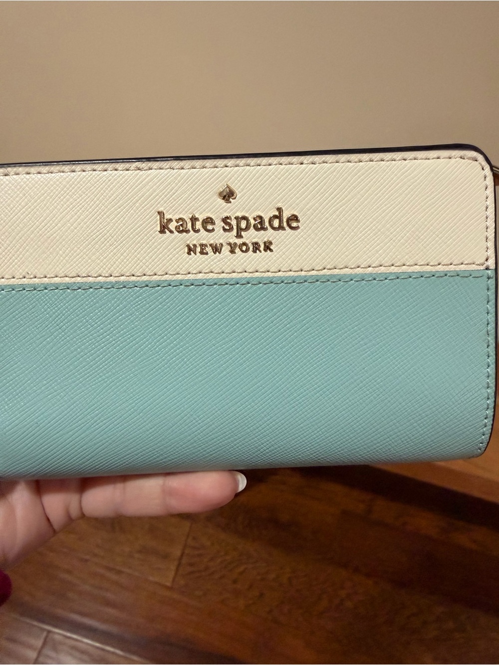 kate spade Two-Tone Cream and Mint Zip Wallet with Gold Logo